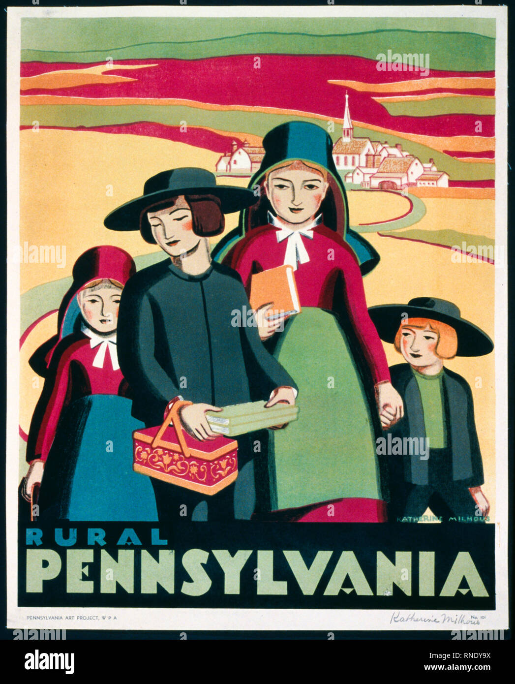 La Pennsylvanie rurale poster vintage Voyage, tourisme 1930, les enfants Amish Banque D'Images