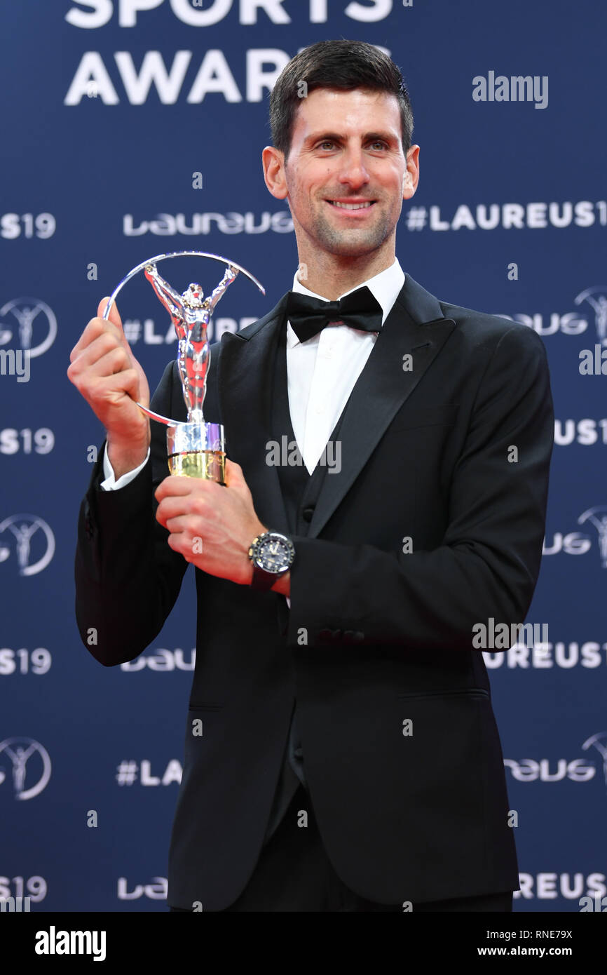 Monaco, Monaco. Feb 18, 2019. Novak Djokovic (Laureus World Sportsman of  the Year Award) avec Trophy GES/Général/Sports Laureus World Sports Awards  2019, 18.02.2019 Sports : Laureus World Sports Awards 2019, le 18