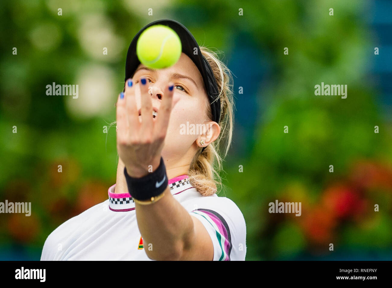 Dubaï, Émirats arabes unis. Feb 19, 2019. Eugénie Bouchard du Canada lance la balle jusqu'à servir dans le deuxième match contre la Roumanie : Simona de pendant le Dubai Duty Free Tennis championnat au stade de tennis international de Dubaï, DUBAÏ, ÉMIRATS ARABES UNIS Le 19 février 2019. Photo de Grant l'hiver. Credit : UK Sports Photos Ltd/Alamy Live News Banque D'Images