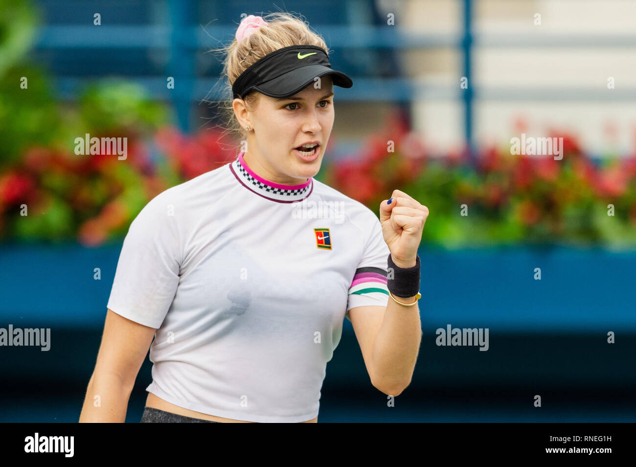 Dubaï, Émirats arabes unis. Feb 19, 2019. Eugénie Bouchard du Canada réagit au deuxième tour contre la Roumanie : Simona de pendant le Dubai Duty Free Tennis championnat au stade de tennis international de Dubaï, DUBAÏ, ÉMIRATS ARABES UNIS Le 19 février 2019. Photo de Grant l'hiver. Credit : UK Sports Photos Ltd/Alamy Live News Banque D'Images