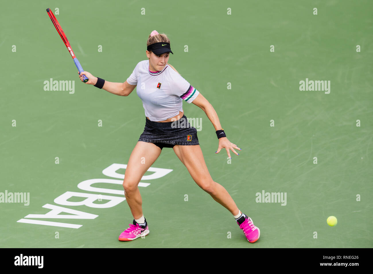 Dubaï, Émirats arabes unis. Feb 19, 2019. Eugénie Bouchard du Canada dans l'action dans le deuxième tour contre Simona de Roumanie : au cours de la Dubai Duty Free Tennis championnat au stade de tennis international de Dubaï, DUBAÏ, ÉMIRATS ARABES UNIS Le 19 février 2019. Photo de Grant l'hiver. Credit : UK Sports Photos Ltd/Alamy Live News Banque D'Images