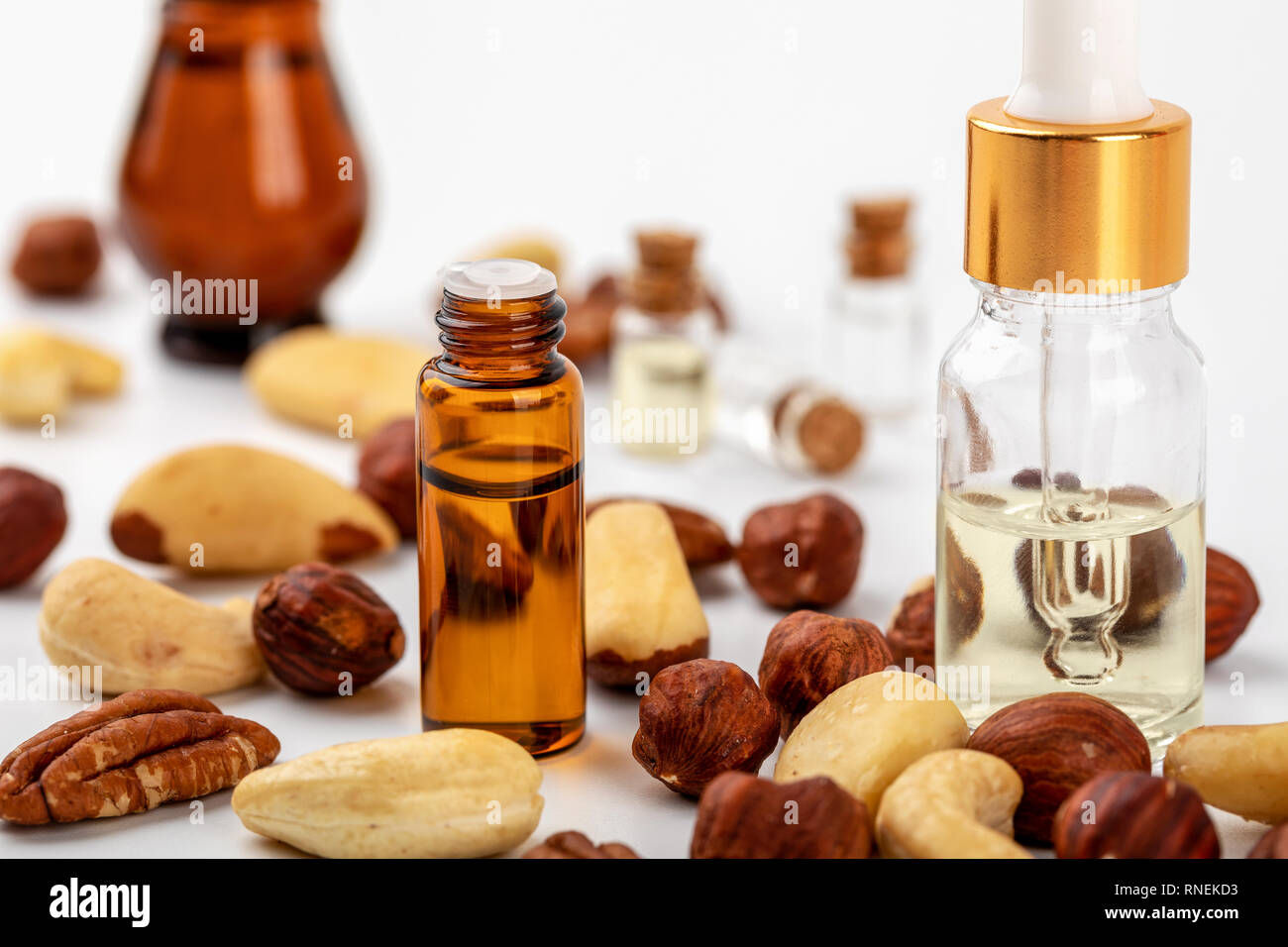 Flacons à parfum de l'huile de noix et les noix sur fond blanc Banque D'Images