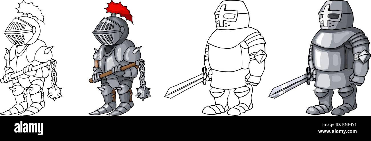 Cartoon medieval chevaliers armés confiant, isolé sur fond blanc de colorants Illustration de Vecteur