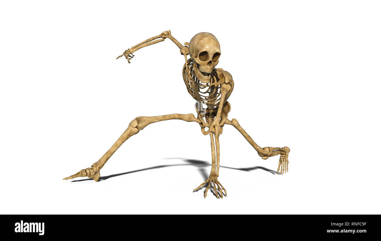 Funny break dancing skeleton sur le plancher, squelette humain exerçant sur fond blanc, 3D Rendering Banque D'Images