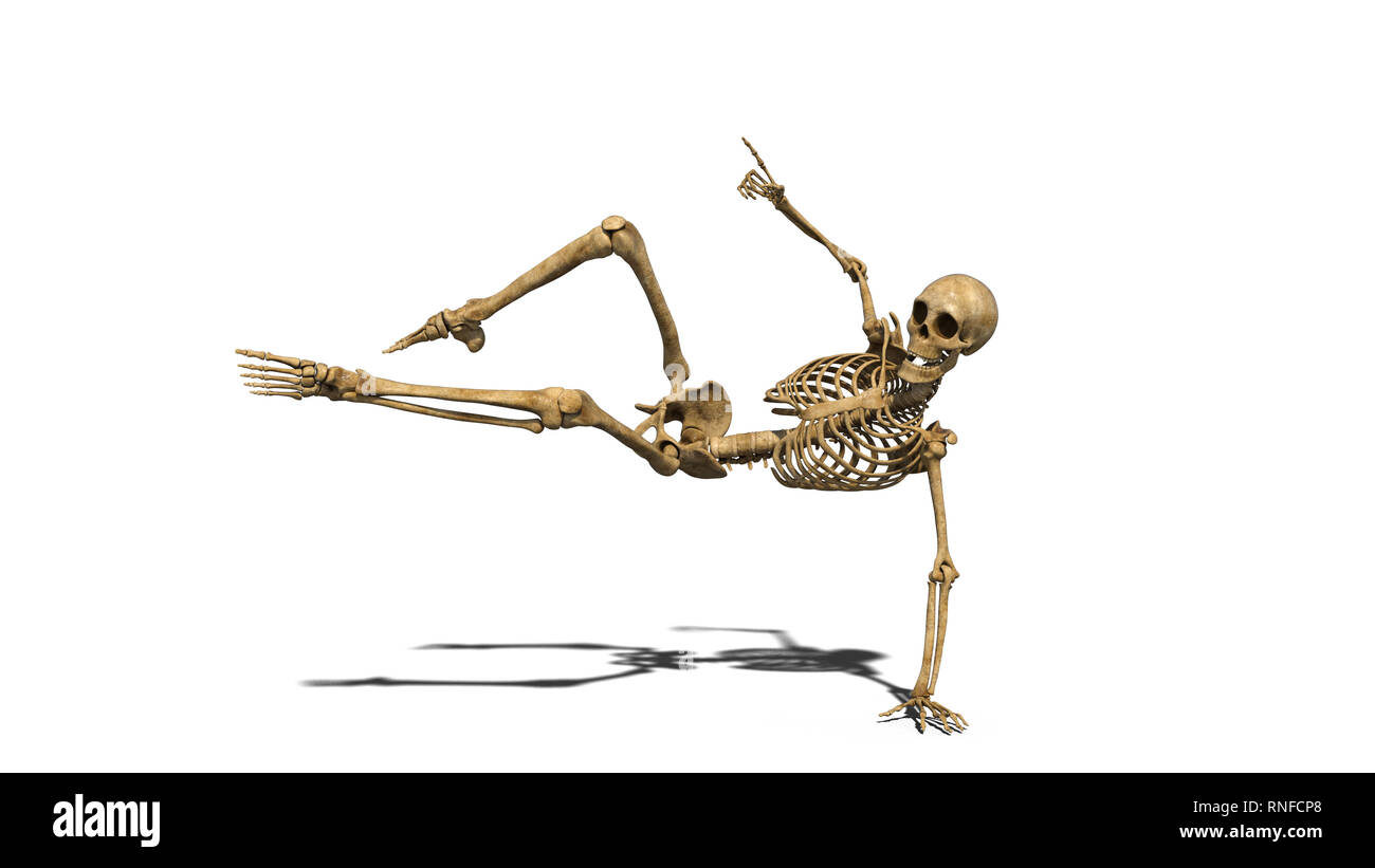 Funny dancing skeleton sur le plancher, squelette humain exerçant sur fond blanc, 3D Rendering Banque D'Images