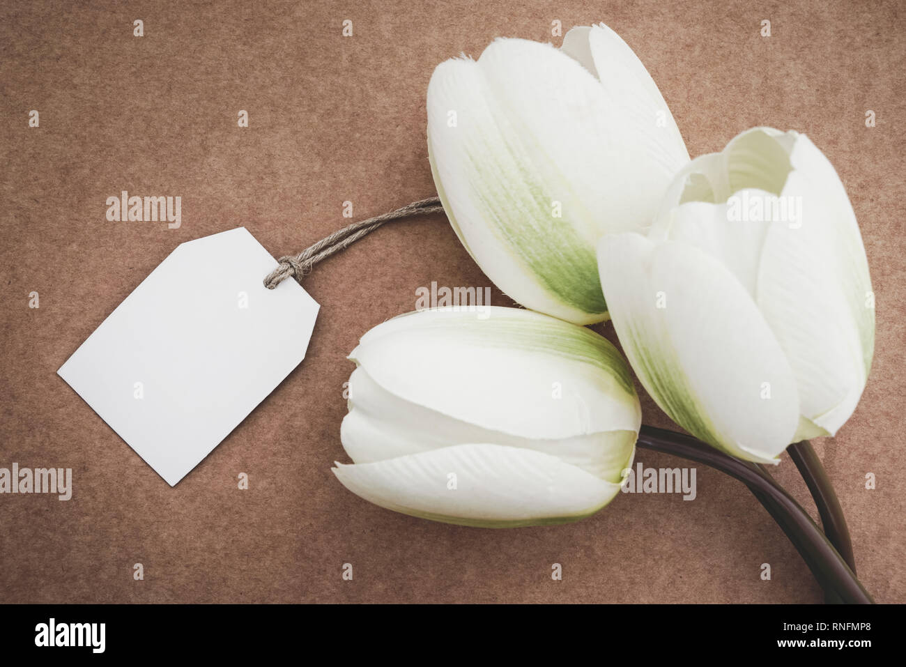 Tulipes blanches artificielles avec carte de vœux papier kraft en arrière-plan. Concept pour la Fête des mères avec l'exemplaire de l'espace. Banque D'Images