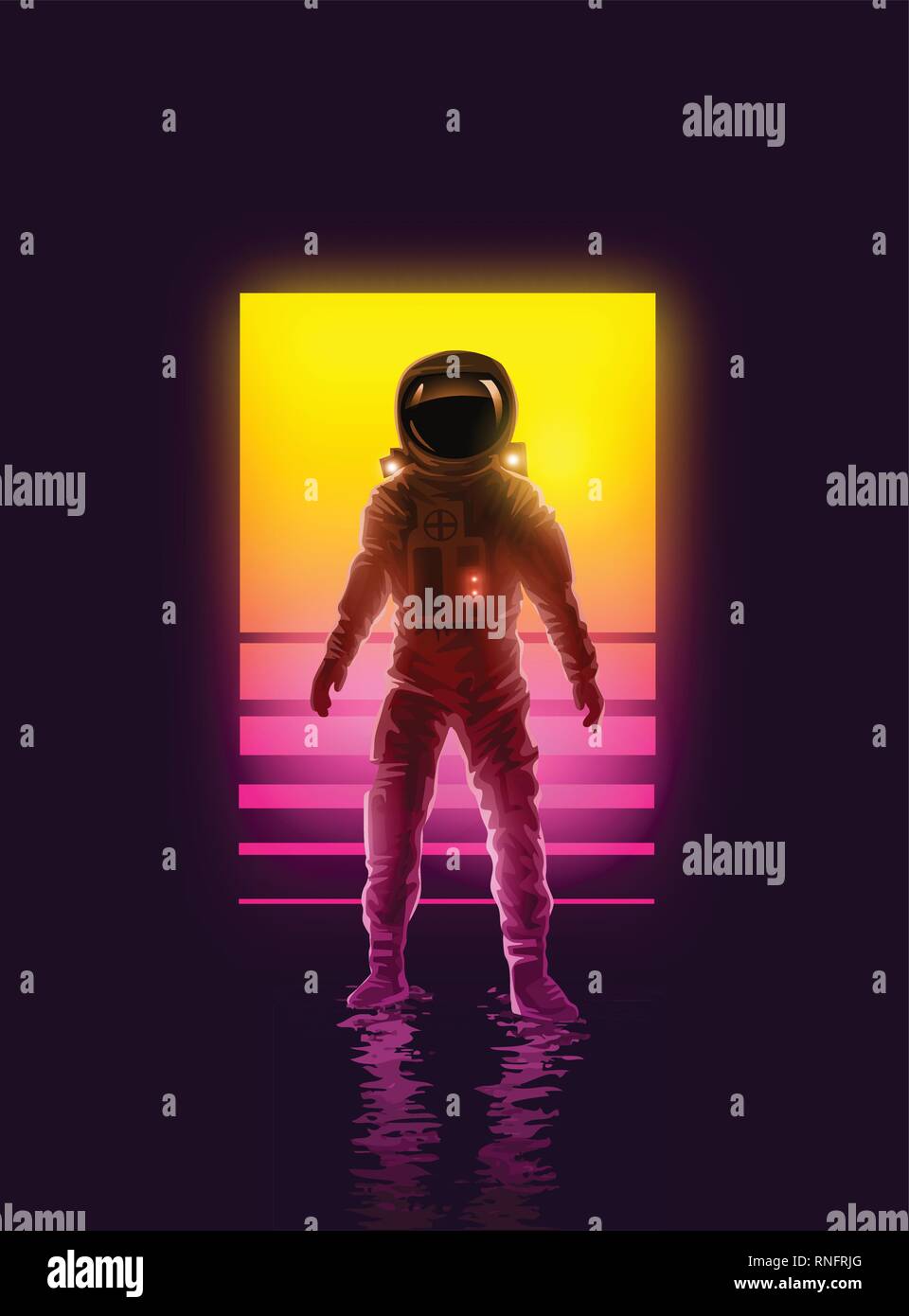 Un astronaute spaceman par rétro-éclairé de néons. L'exploration de l'espace illustration vectorielle. Illustration de Vecteur