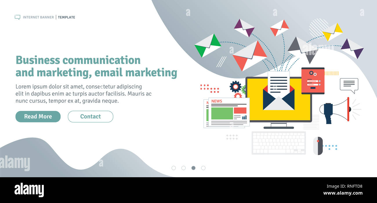 La communication d'entreprise et le marketing par courriel. Envoyer ou recevoir des e-mails, digital marketing, d'analyse et de stratégie. Modèle en version plate pour les bandeaux web o Banque D'Images