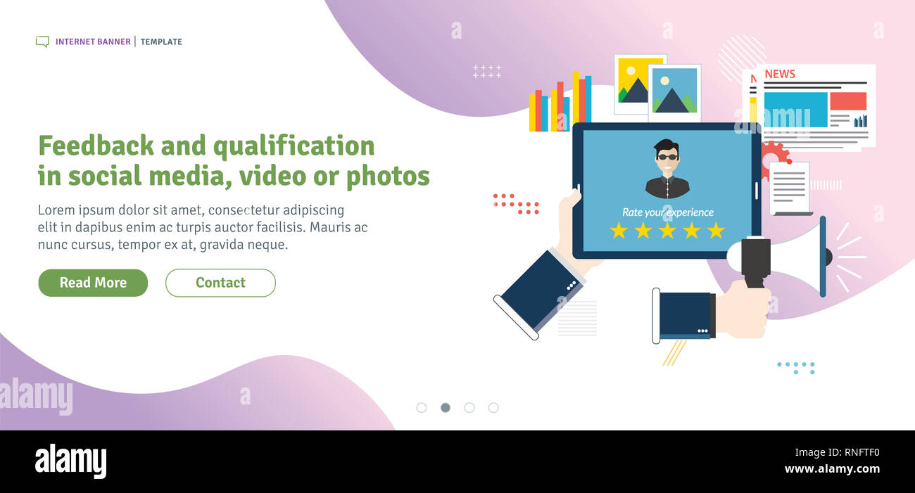 Système de notation sur l'écran de tablette avec des étoiles. Commentaires et de qualification dans le chat, médias sociaux, marketing, photos et e-mail en version plate pour bannière web Banque D'Images