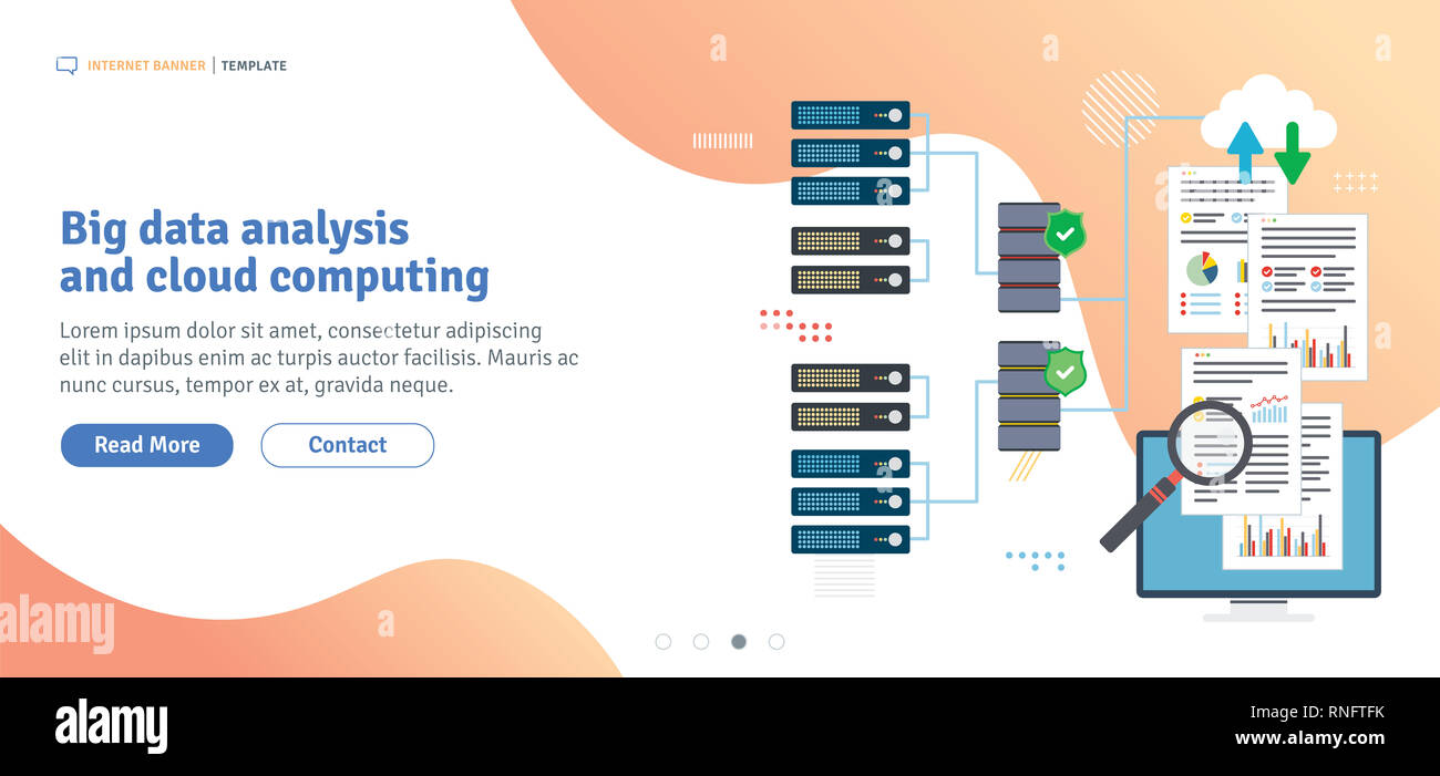 L'analyse des Big Data et le cloud computing. Pour accéder aux données de l'ordinateur portable ordinateurs cloud. Réseau de données et de business intelligence. Bannière web design plat pour Banque D'Images