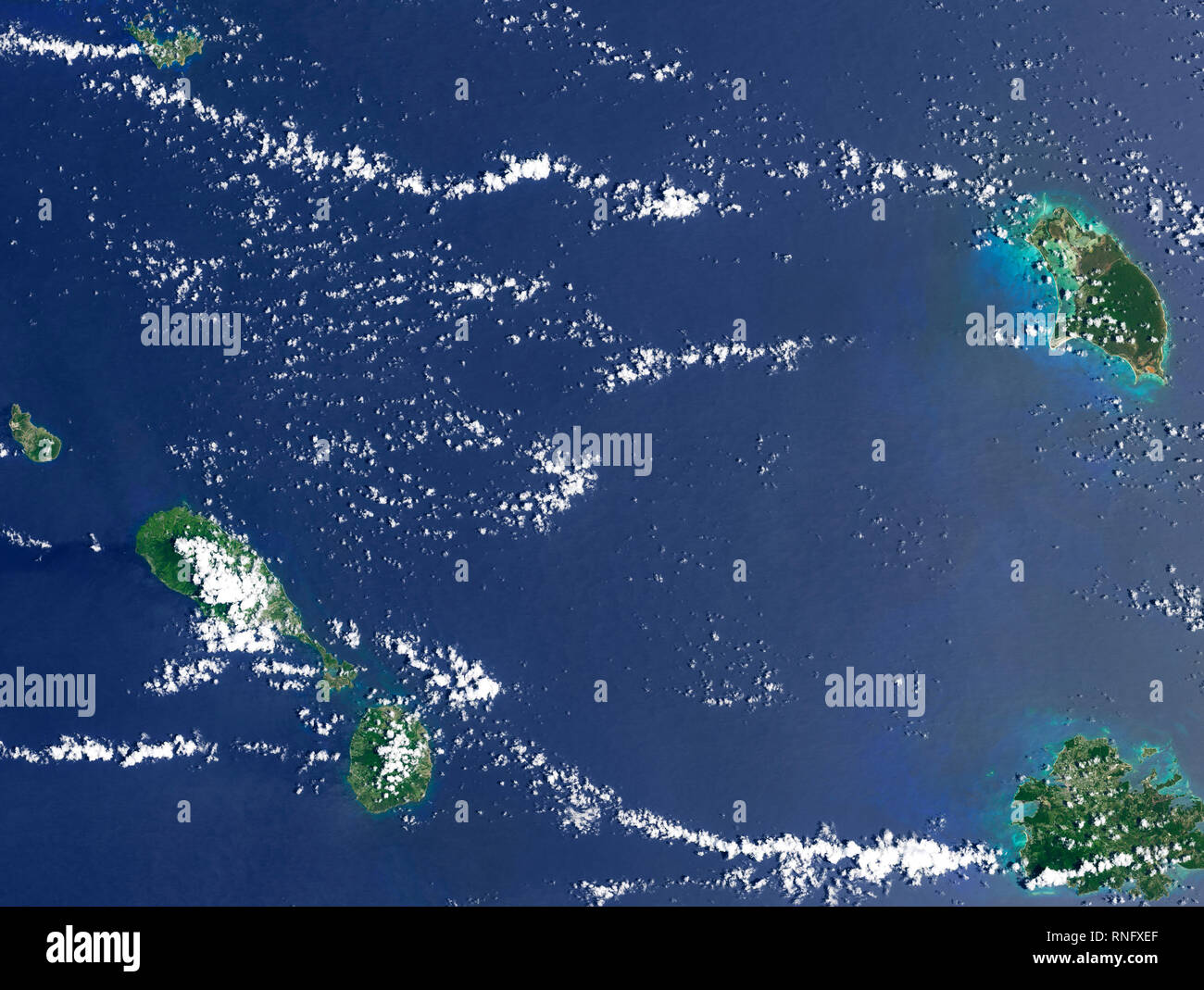 Vue aérienne des îles des Caraïbes de Barbuda, Antigua, St Kitts, Nevis et à Aruba Banque D'Images