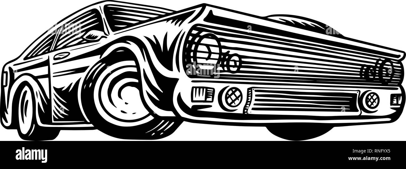 Muscle Car ou vintage transport. Old school Retro Classic auto service. Affiche ou Bannière. Croquis à main gravée pour logo et étiquettes. Business Illustration de Vecteur