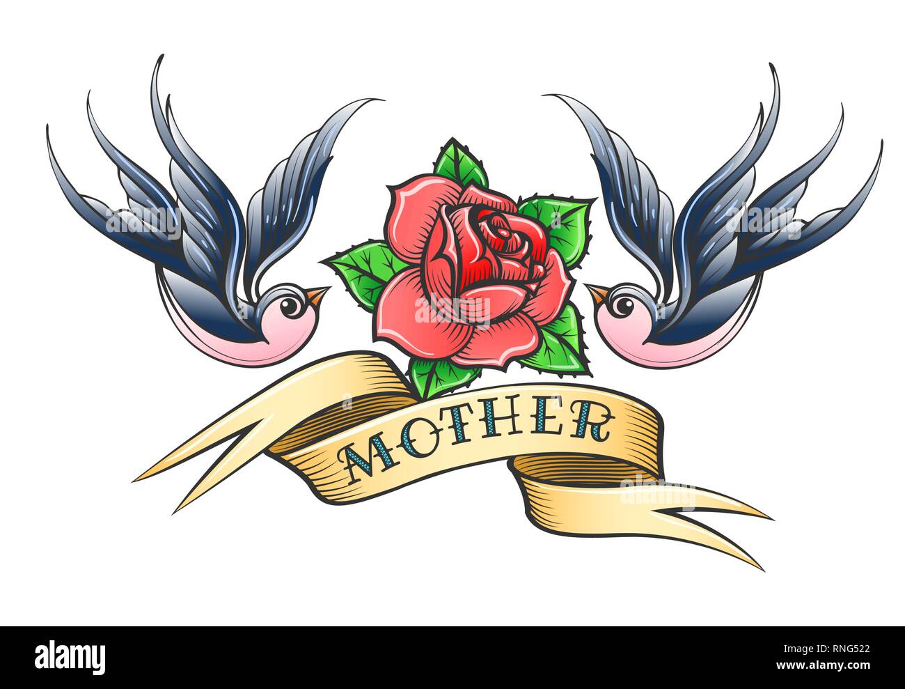 Tatouage rétro avec deux hirondelles, fleur rose et hand drawn libellé mère sur le ruban. Vector illustration. Illustration de Vecteur