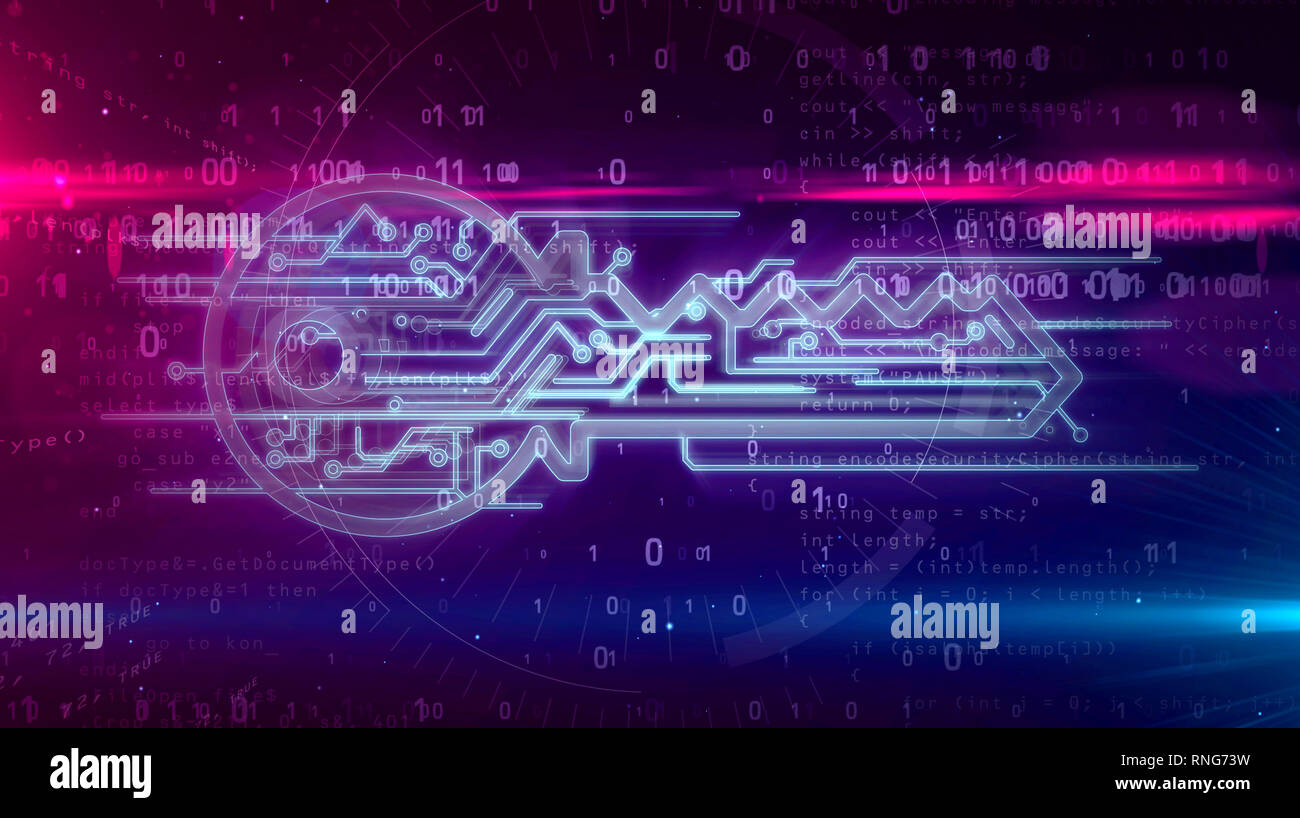Le cryptage des données, cyber protection et signe clé numérique binaire dynamique sur l'arrière-plan. La technologie de sécurité informatique concept abstrait 3D illustration. Banque D'Images