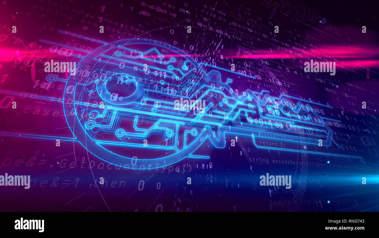 Le cryptage des données, cyber protection et signe clé numérique binaire dynamique sur l'arrière-plan. La technologie de sécurité informatique concept abstrait 3D illustration. Banque D'Images
