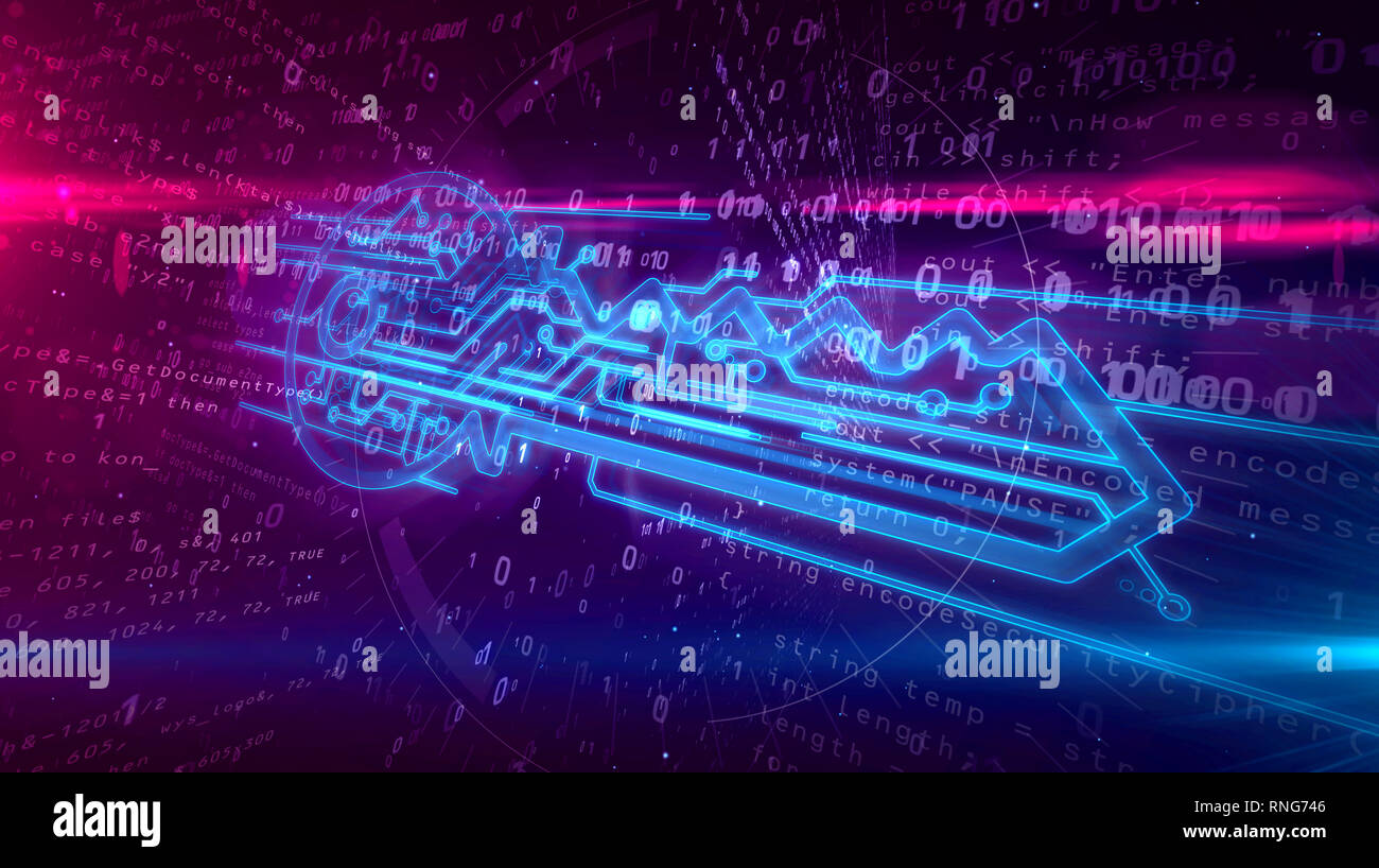 Le cryptage des données, cyber protection et signe clé numérique binaire dynamique sur l'arrière-plan. La technologie de sécurité informatique concept abstrait 3D illustration. Banque D'Images