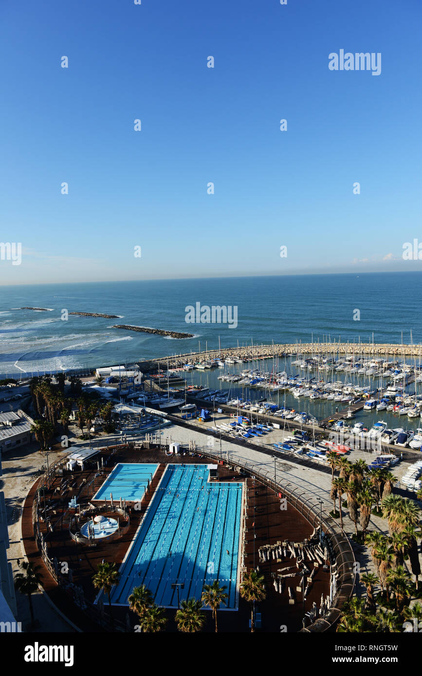 Vue aérienne de la piscine Gordon à Tel-Aviv, Israël. Banque D'Images
