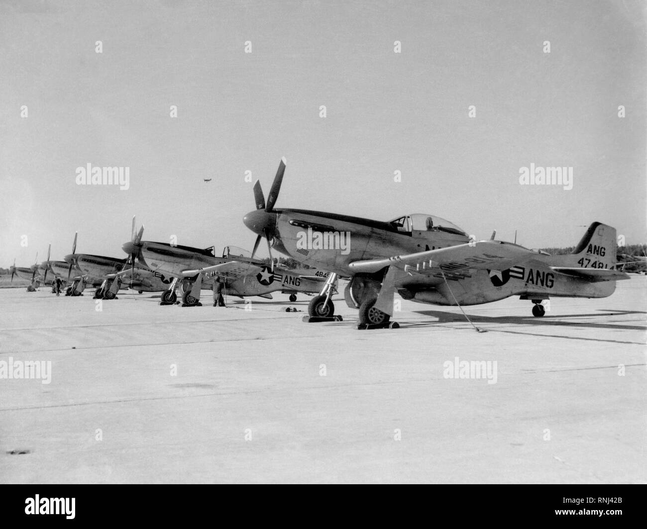 1950 - U.S. Air Force F-51D Mustang aéronefs affectés à la 119e Escadre de chasse 'Happy Hooligans", 178e Escadron de chasse, du Dakota Air National Guard, au champ d'Hector, N.D., sur juin 1950. Banque D'Images