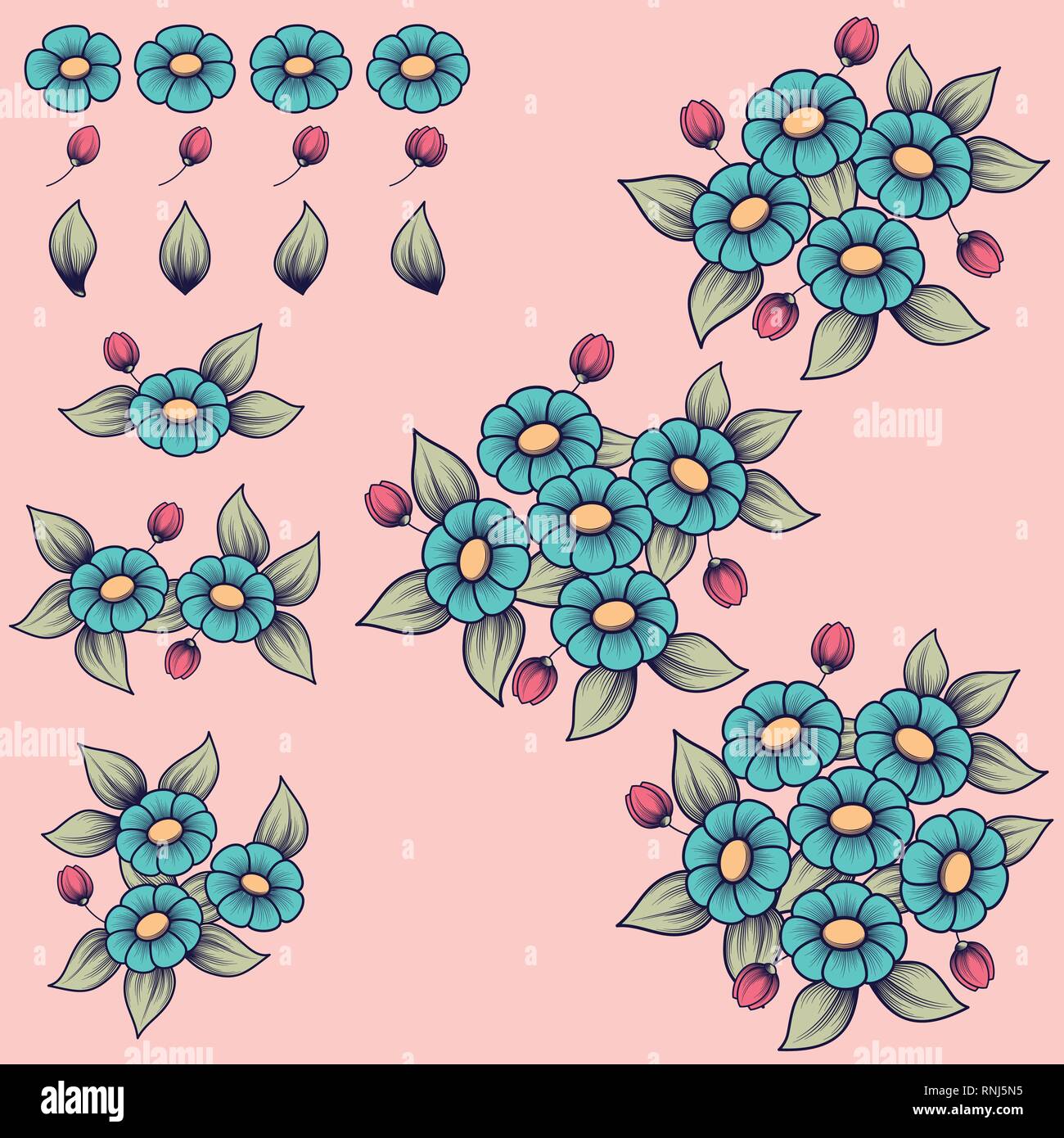 Arrière-plan couleur mignon avec différents éléments et bouquets de fleurs Illustration de Vecteur