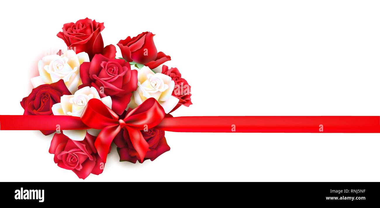 Vecteur de bouquet. Carte de vœux de fête avec des roses et ruban. Vector illustration. Illustration de Vecteur