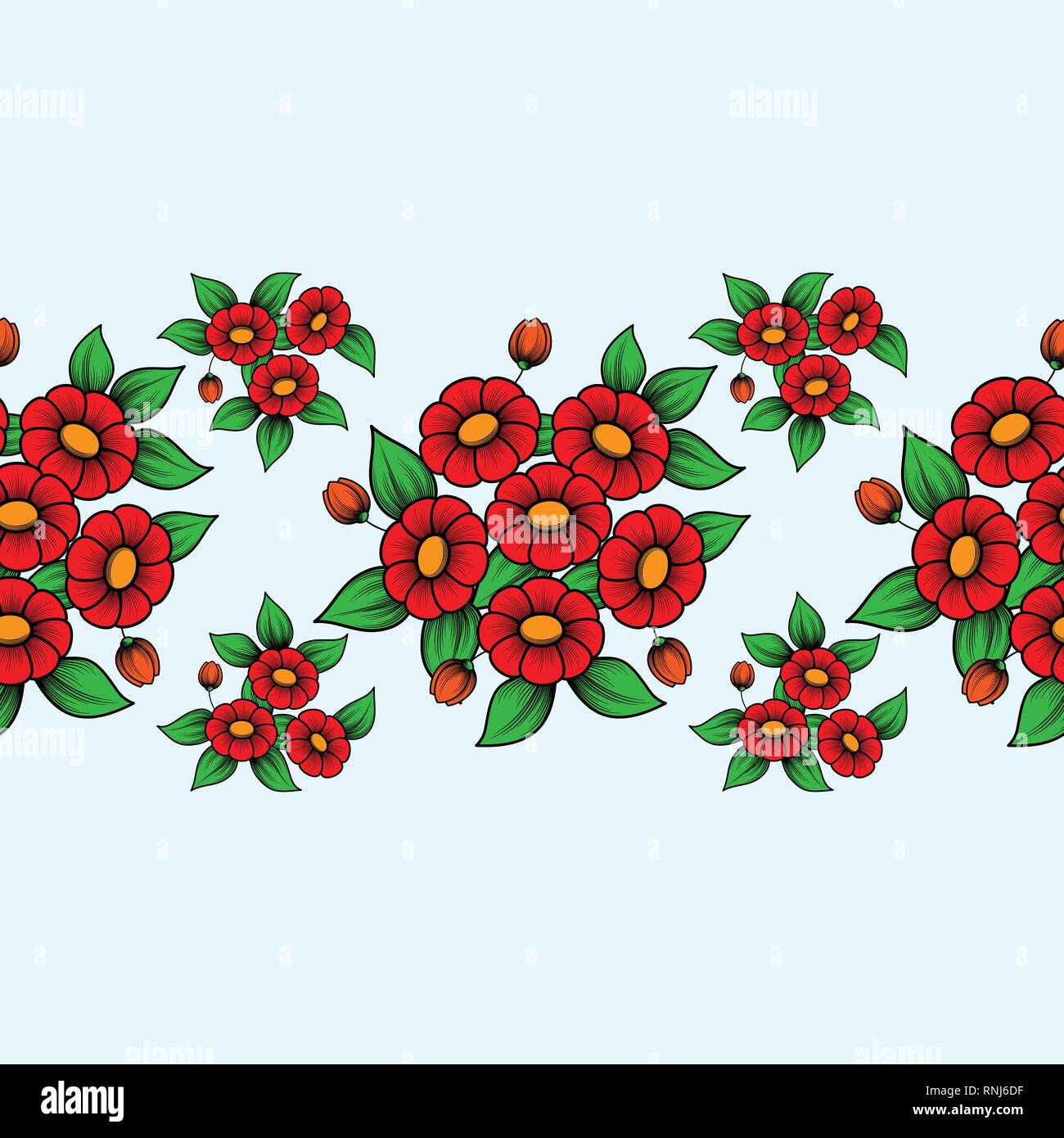 Transparente motif floral rouge horizontal avec marguerites isolé sur fond bleu Illustration de Vecteur