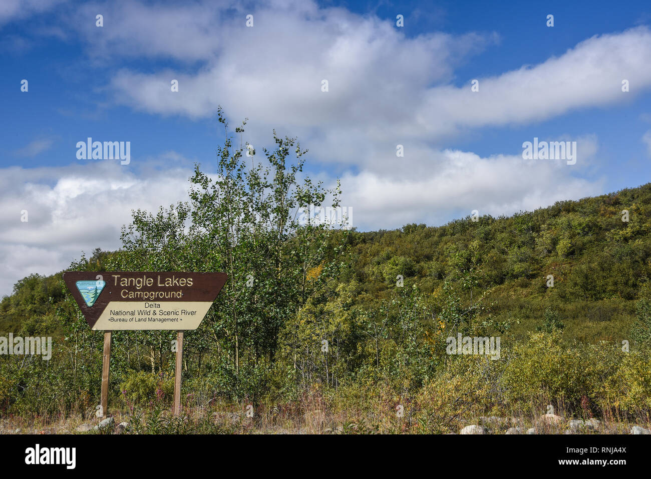 Camping Des Lacs Tangle signe sur l'autoroute Denali, Alaska, USA Banque D'Images