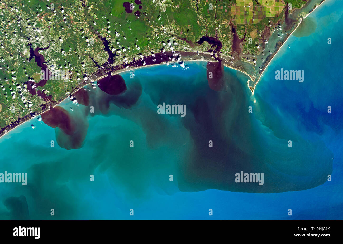 Rivière aérienne et sur la mer montrant la matière organique dissoute s'écoulant dans la rivière Trent, North Carolina, USA après l'ouragan Florence Banque D'Images