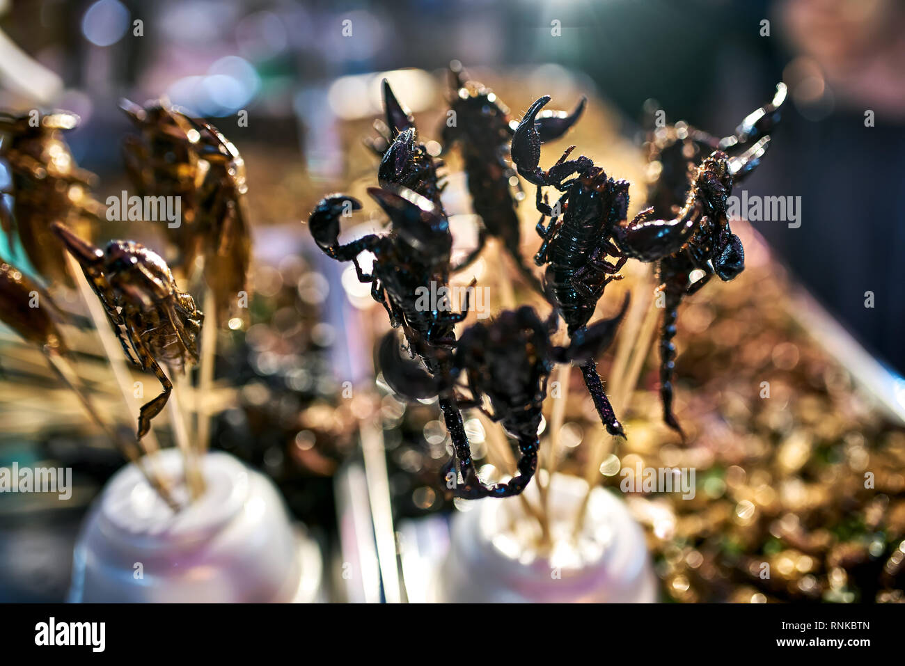 Noir Brun croustillant scorpions et des sauterelles sur les bâtonnets de bois sur l'arrière-plan flou de la street food market à Bangkok en Thaïlande. Libre Banque D'Images