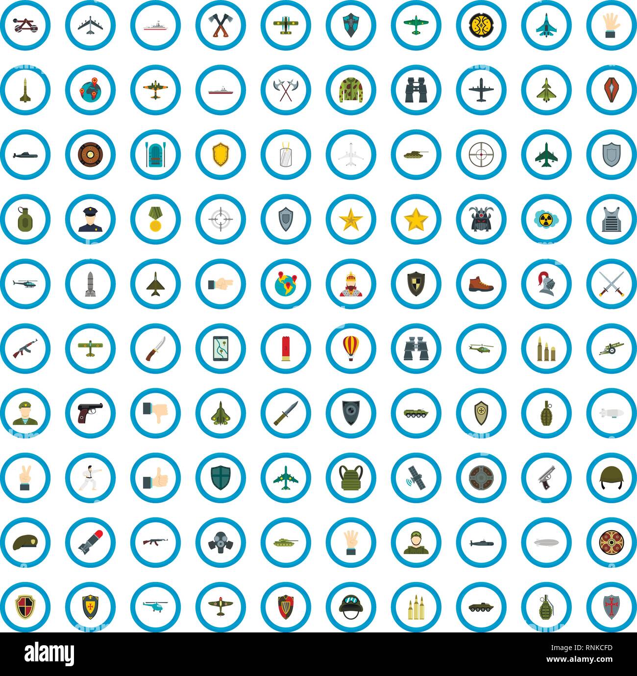 100 icônes de l'armée, style plat Illustration de Vecteur