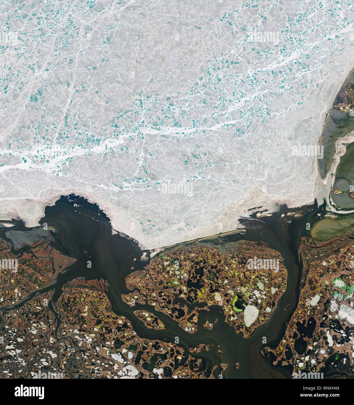 Vue aérienne du Delta de la rivière Yana dans le nord de la Russie Banque D'Images