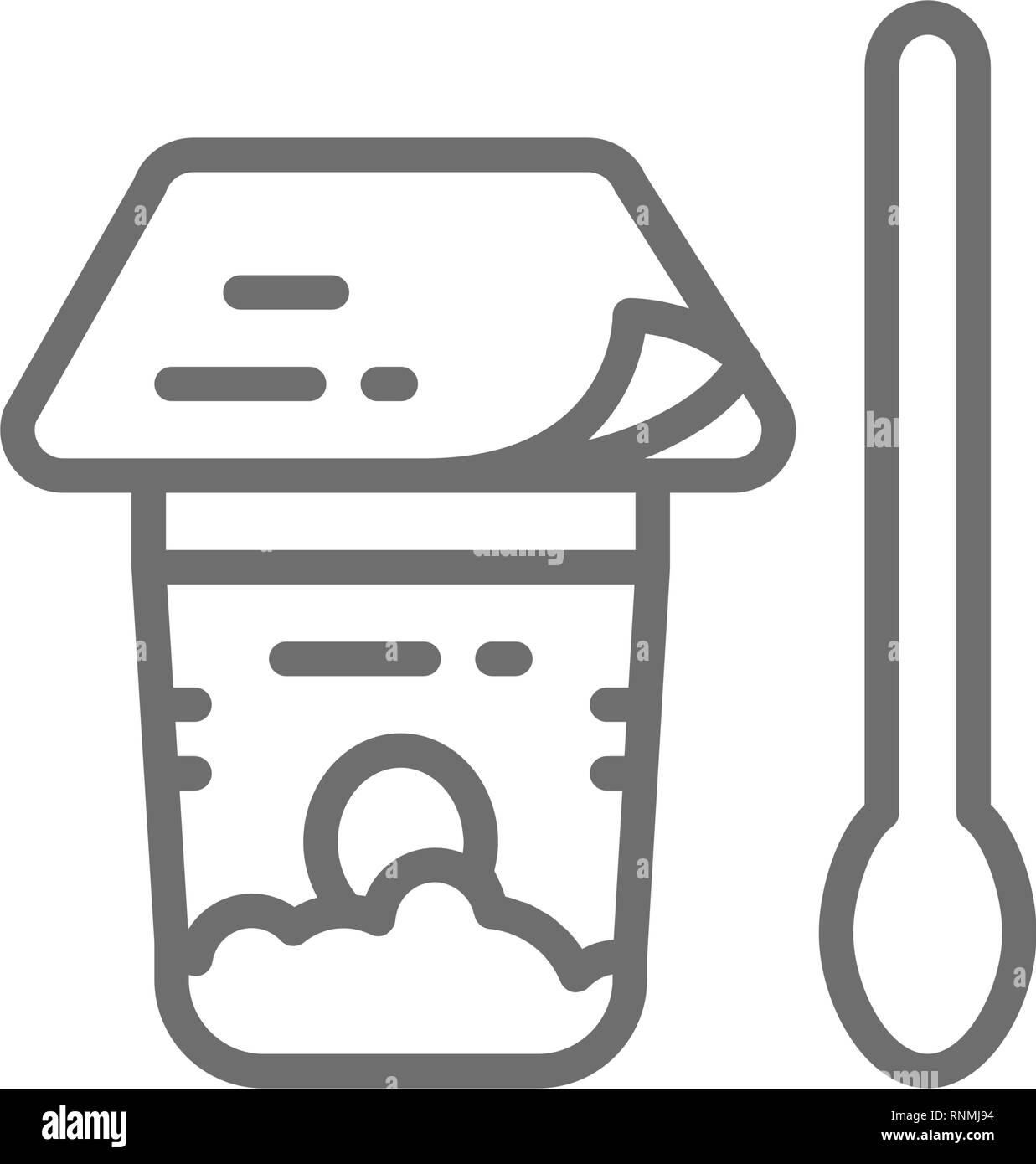 Couvercle en aluminium pour le yogourt, le fromage cottage en pot avec l'icône de la ligne de la cuillère. Illustration de Vecteur