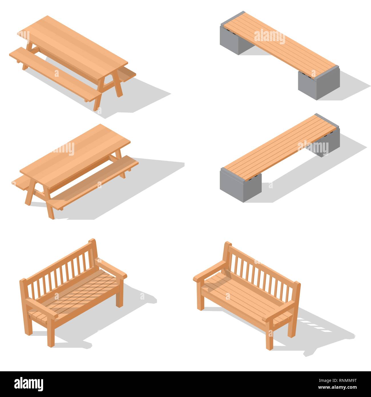 Des bancs en bois et une table. Télévision isométriques. Un lieu pour se reposer, se détendre et pique-nique. L'élément du parc ou de l'oliveraie. L'endroit pour rencontrer des amis. Illustration de Vecteur