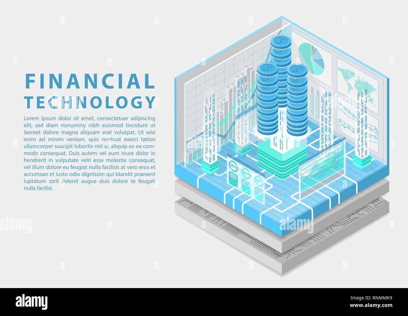 Technologie concept financier avec des piles de dollars virtuels et le flux de données de transactions en tant que vecteur illustration isométrique Illustration de Vecteur