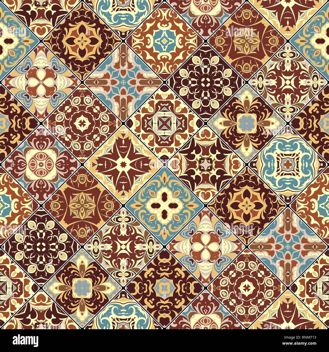 Brun et bleu motifs abstraits dans l'ensemble de la mosaïque. Morceaux carrés dans un style oriental. Vector illustration. Idéal pour l'impression sur tissu ou papier. Illustration de Vecteur