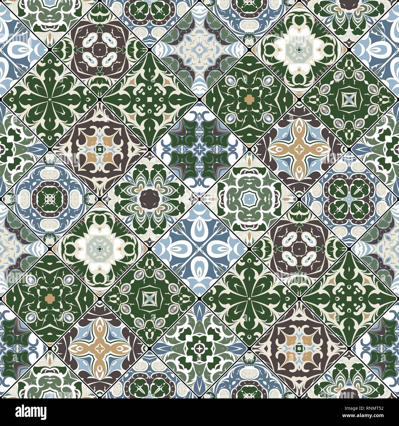 Vert et Bleu motifs abstraits dans l'ensemble de la mosaïque. Morceaux carrés dans un style oriental. Vector illustration. Idéal pour l'impression sur tissu ou papier. Illustration de Vecteur