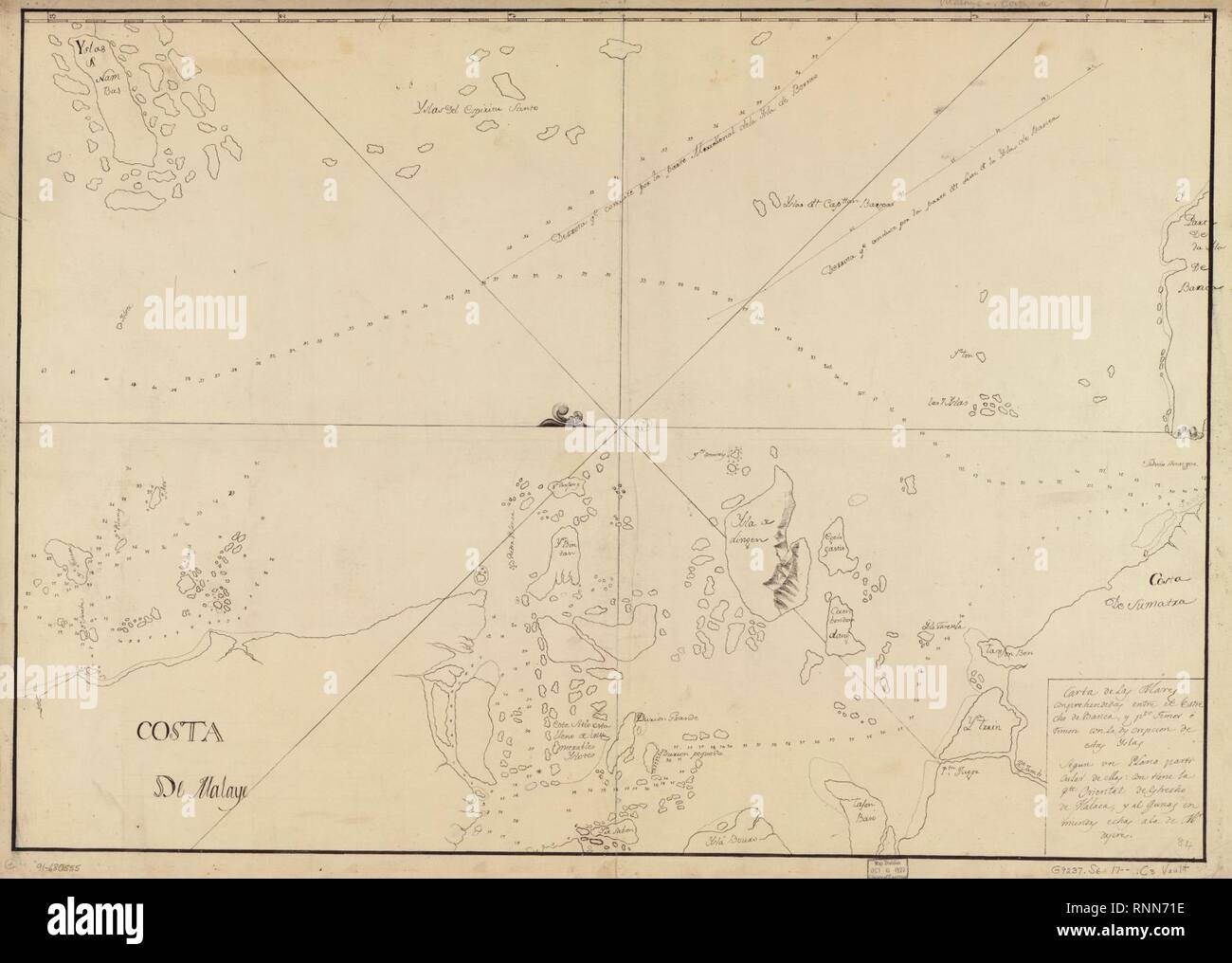 Carta de las mares conprehendidas entre el Estrecho de Banca y la prise de force. Timor oriental o Timon con la descripción de estas yslas segun un plano de particulier mas contiene la pte. oriental de Estrecho de Malaca y Banque D'Images