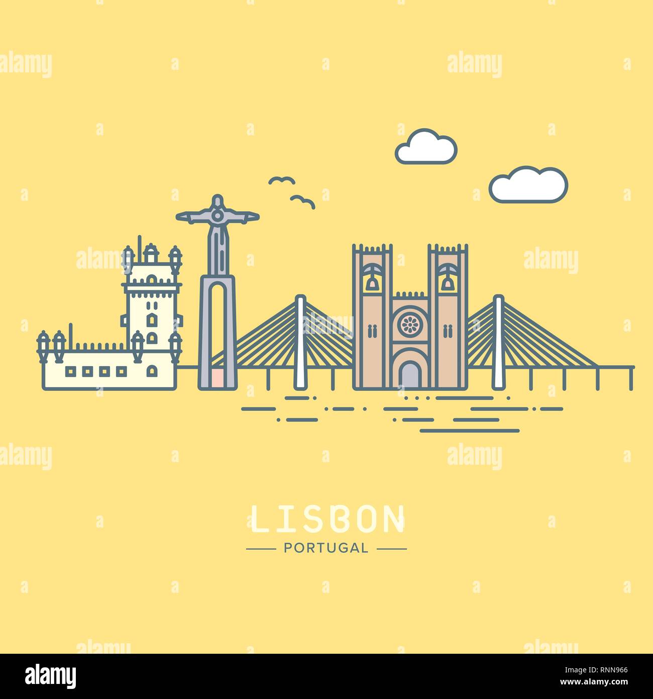 Ligne de couleur style Pstel Icône Lisbon cityscape, monuments et télévision vector illustration Illustration de Vecteur