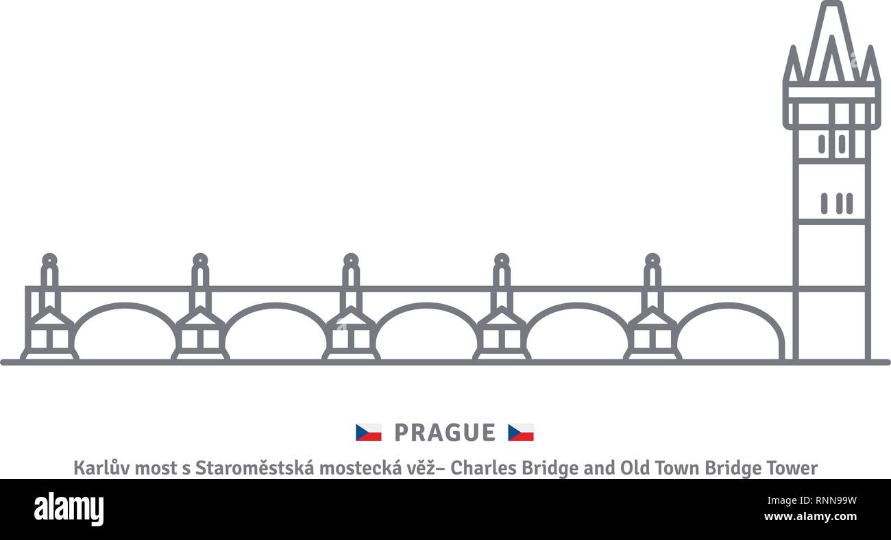 L'icône de la ligne de repère de Tchéquie. Le pont Charles avec tour du pont de la vieille ville et du pavillon tchèque illustration vectorielle. Illustration de Vecteur