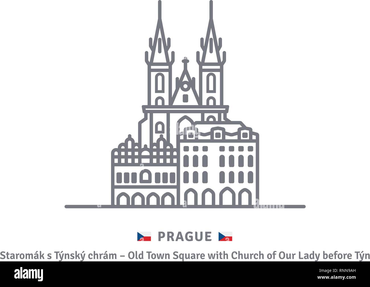 L'icône de la ligne de repère de Tchéquie. Maisons à la place de la vieille ville et l'église Notre Dame Avant Tyn à Prague et drapeau tchèque illustration vectorielle. Illustration de Vecteur