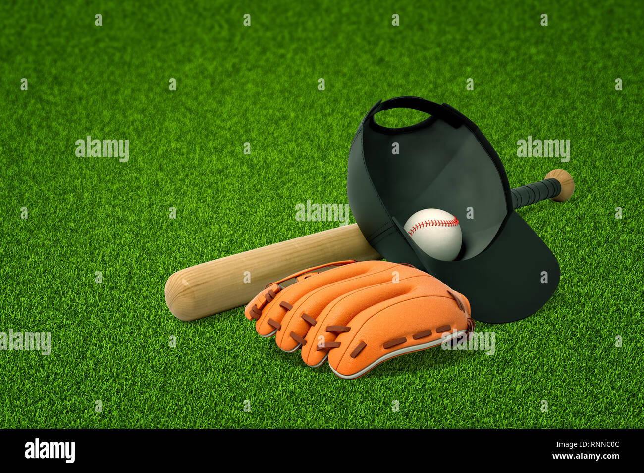 Le rendu 3D d'une batte de baseball, un bouchon avec une balle de baseball à l'intérieur, et un gant de baseball située sur les pelouses vertes. Faire du sport. L'esprit d'équipe. Restez actif un Banque D'Images