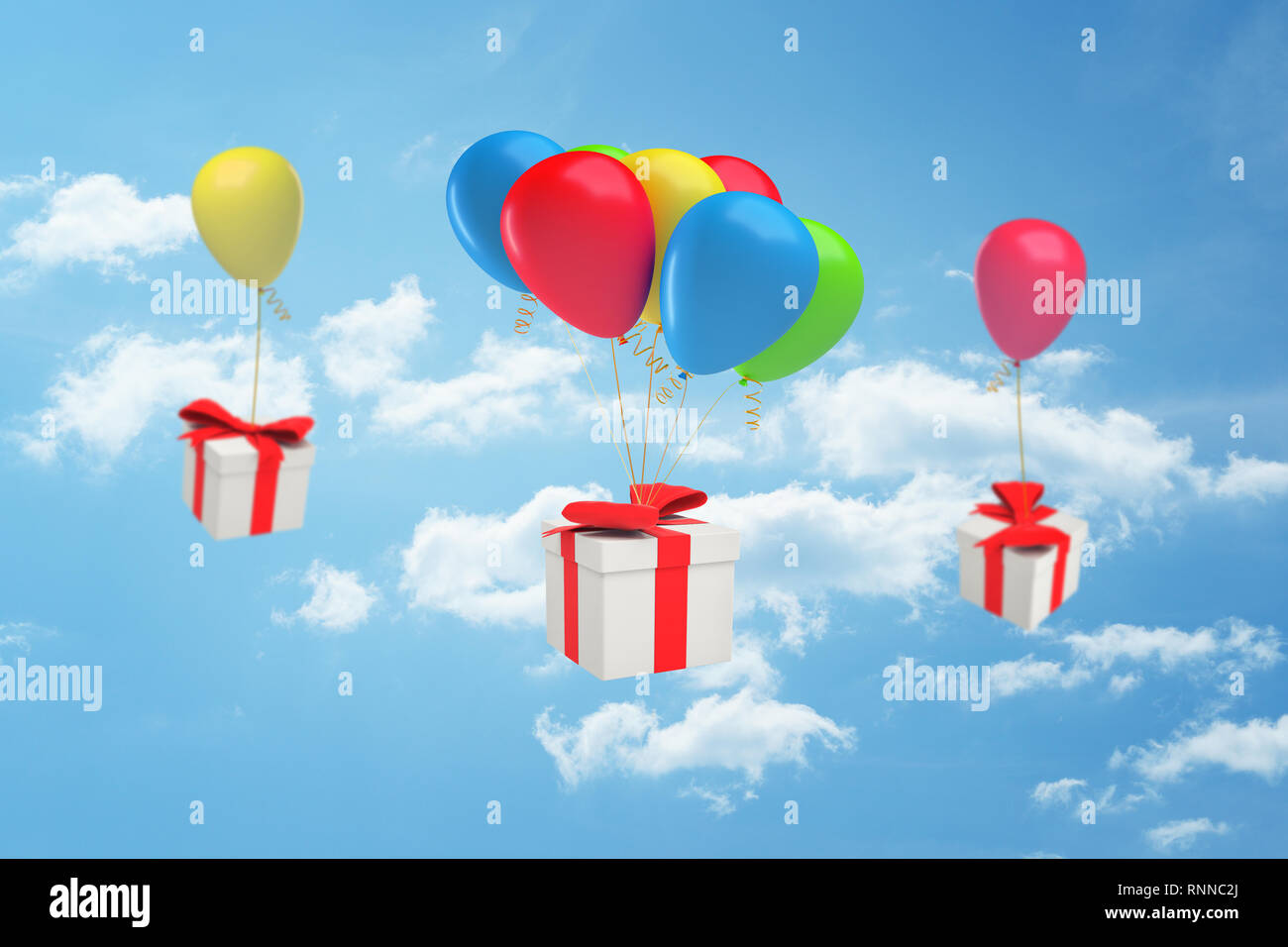 Le rendu 3D de coffrets cadeaux avec rubans rouges liée aux ballons colorés sur fond de ciel bleu. Art numérique présente l'emballage. Cartoon style design. Banque D'Images