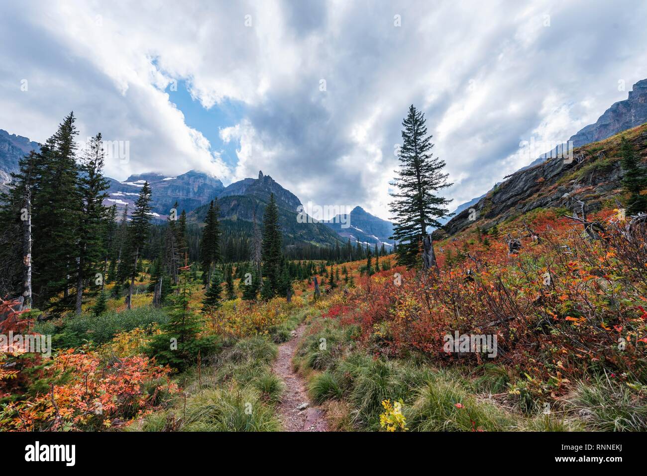 Sentier de randonnée pédestre à travers des paysages de montagne à l'automne à deux le lac Medicine, Glacier National Park, Montana, USA Banque D'Images