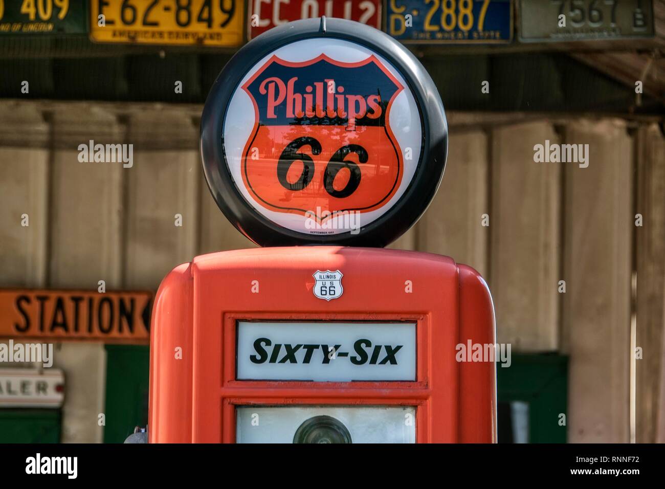 Pompe à essence, station historique Shea's Gas Station Museum, sur la Route 66, Springfield, Illinois, États-Unis Banque D'Images