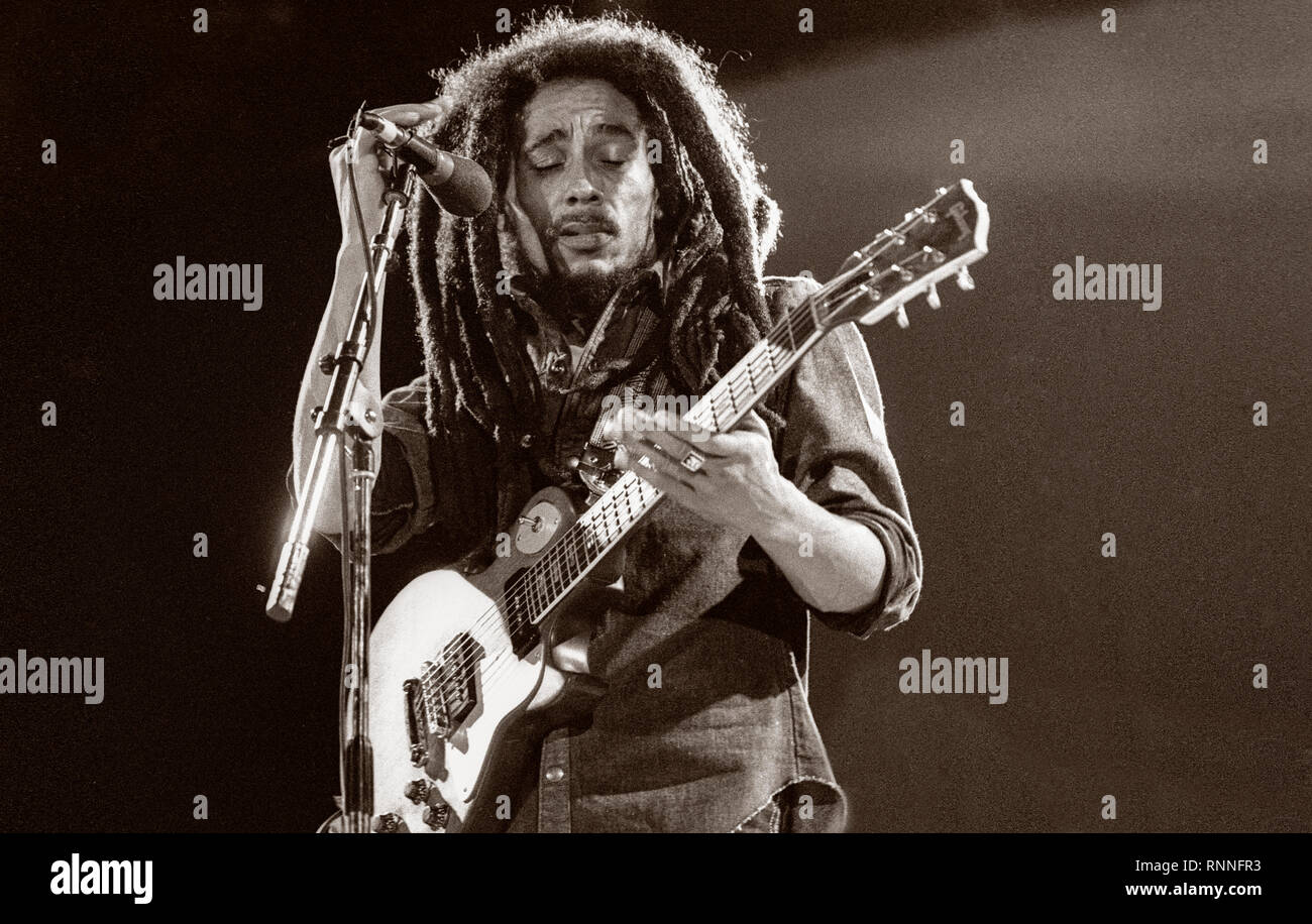 Bob Marley en concert, Drammenshallen, Oslo Norvège 1982 Banque D'Images