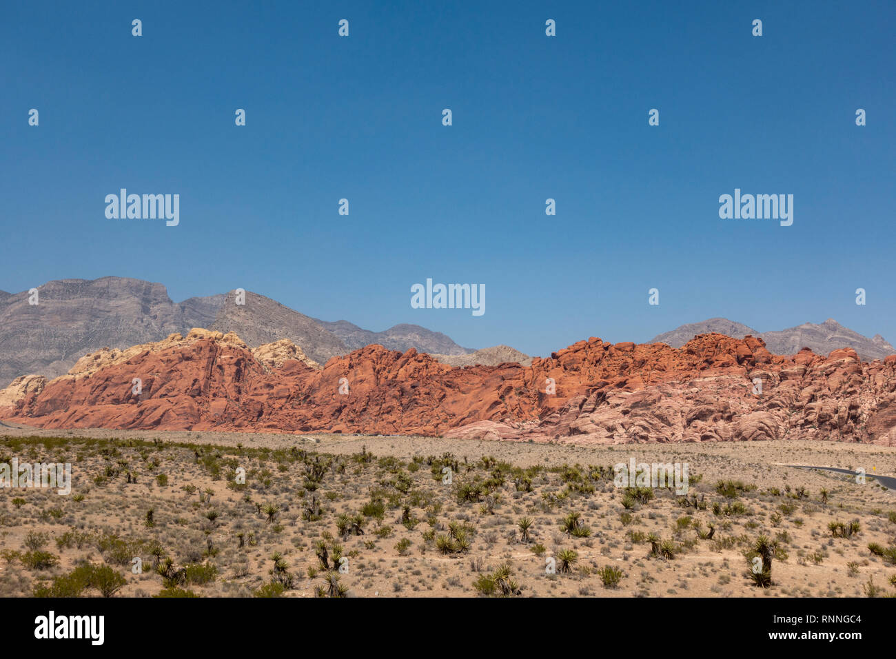 Vue éloignée sur le calicot Hills, Red Rock Canyon National Conservation Area, Las Vegas, Nevada, United States. Banque D'Images