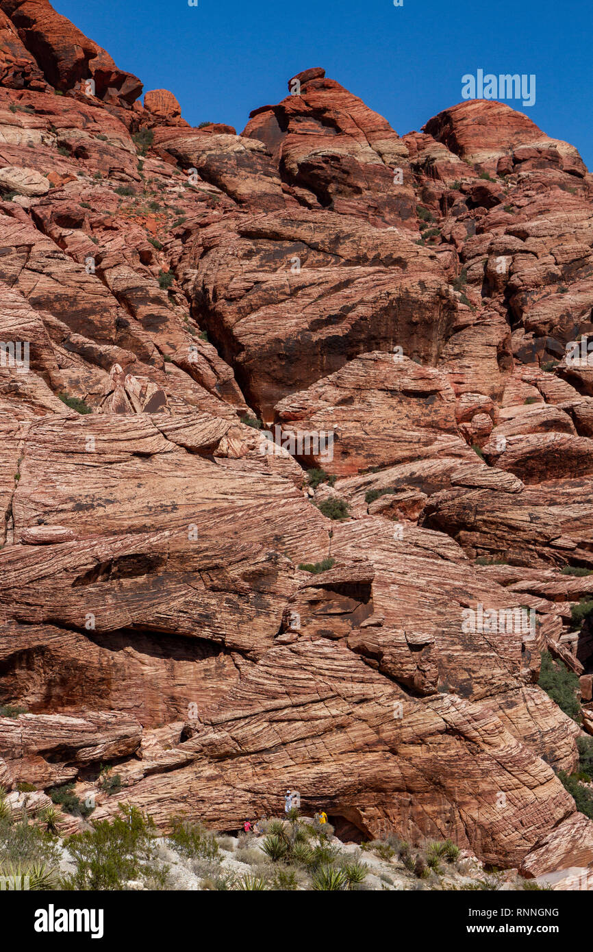 Le calicot Hills (avec quatre personnes visibles à l'échelle), Red Rock Canyon National Conservation Area, Las Vegas, Nevada, United States. Banque D'Images