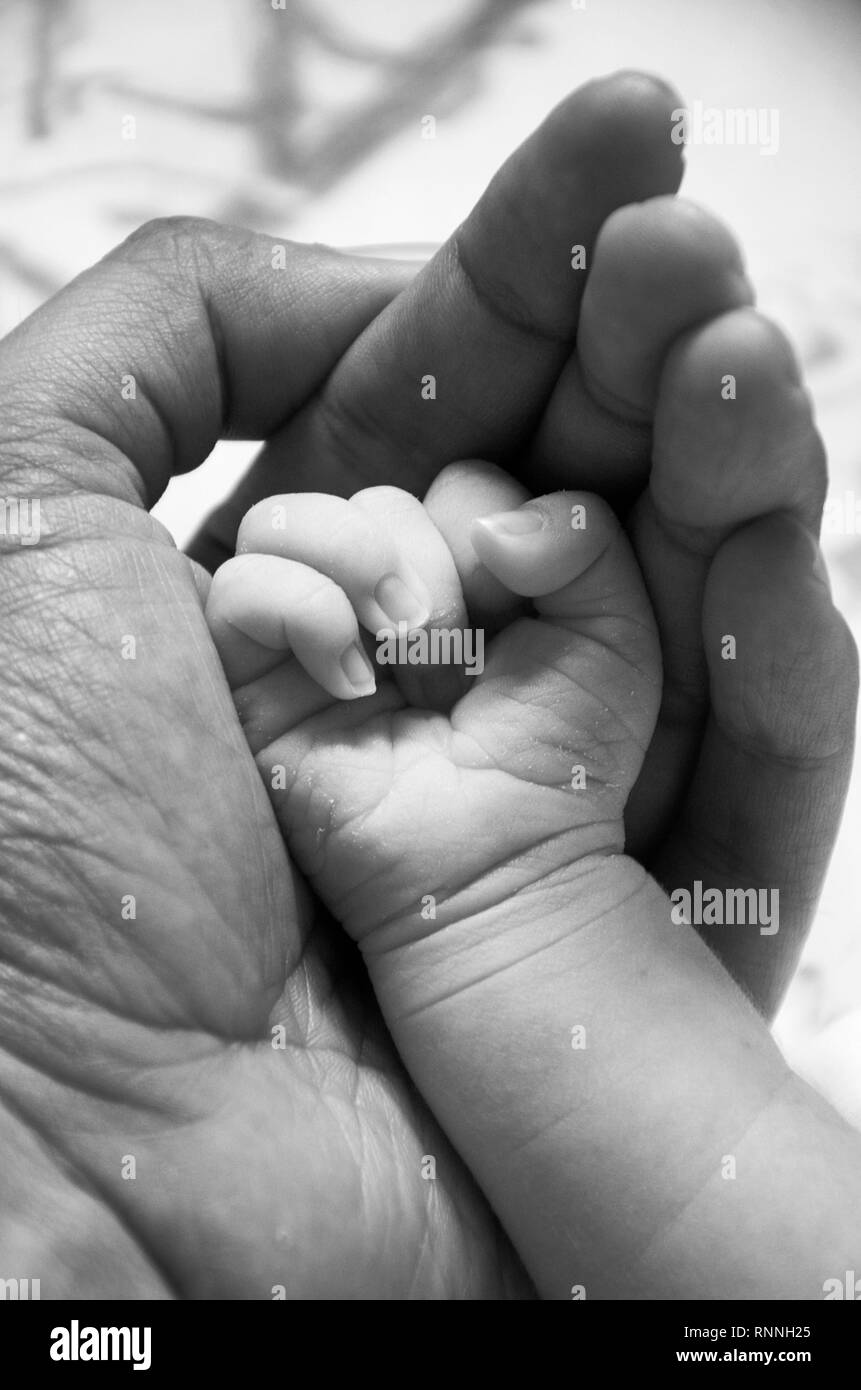 Une petite main de bébé et ses parents part symbolique pour l'amour, de soins et de l'harmonie Banque D'Images