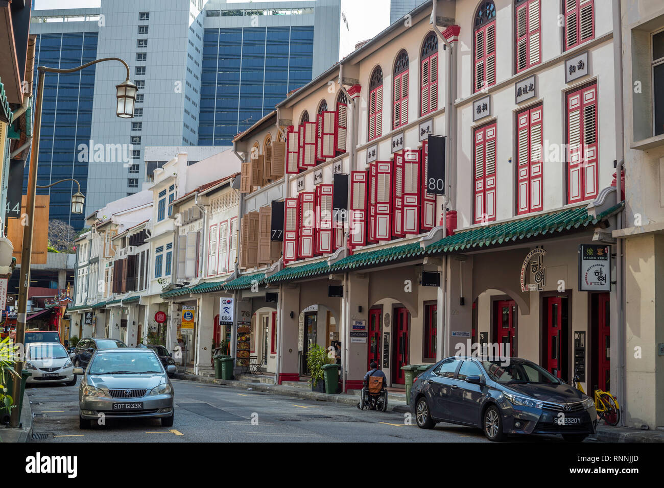 Singapour, scène de rue d'Amoy, Maisons d'architecture. Banque D'Images