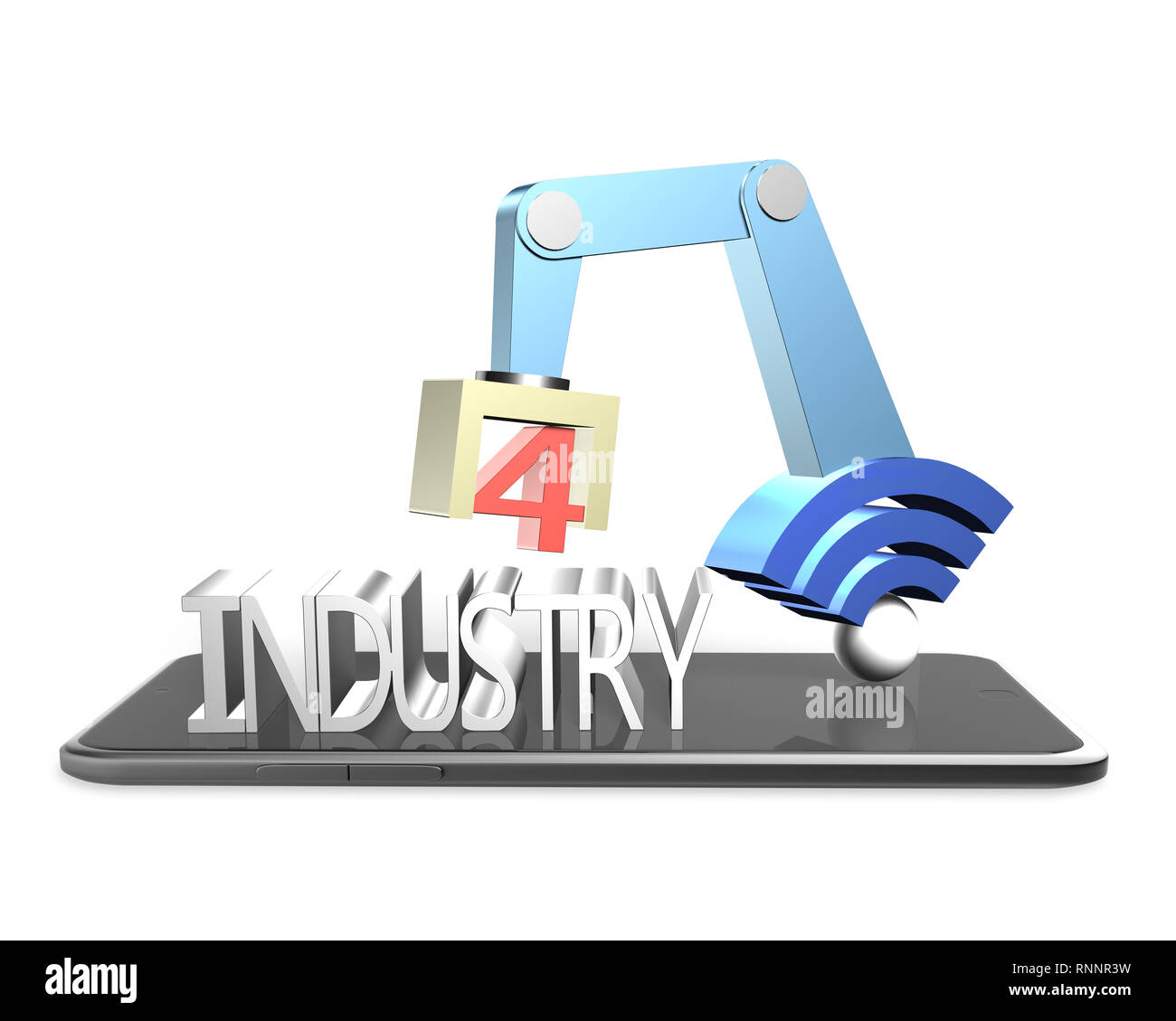 Concept de l'industrie 4.0. Illustration 3D du bras robot avec connexion Wi-Fi gratuite et de l'industrie signe texte 4.0, sur la tablette numérique. Banque D'Images