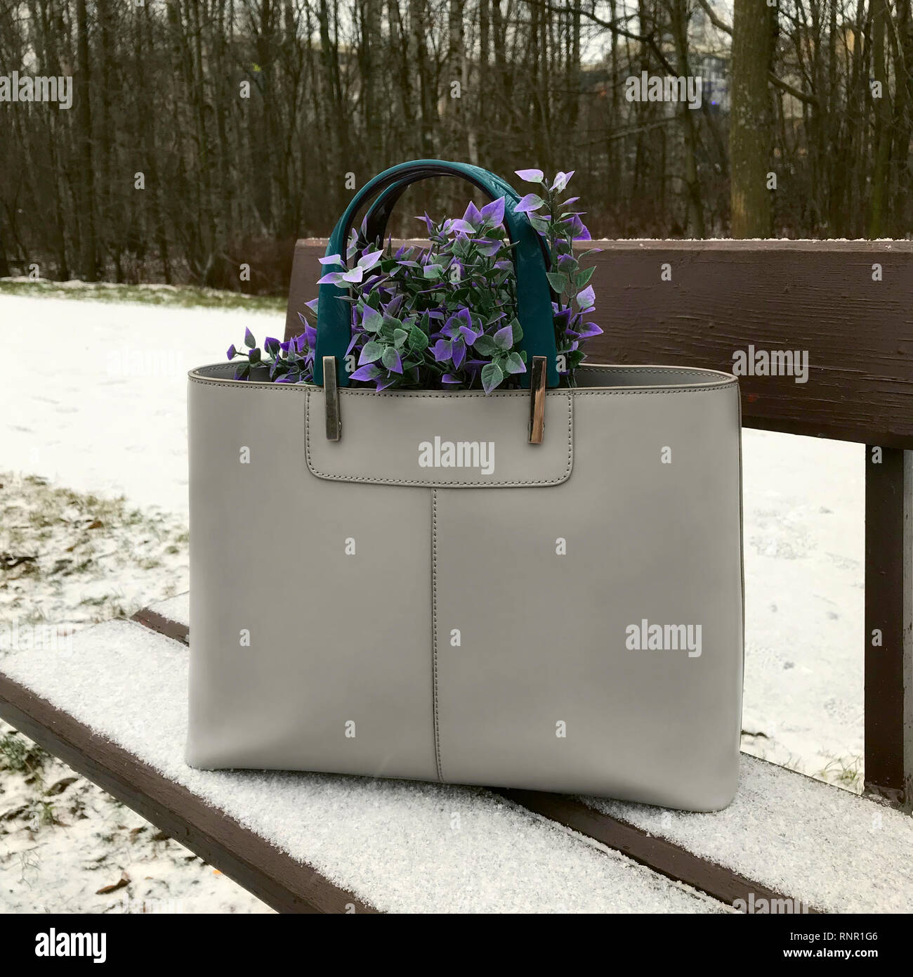 Sac à main de femme avec un bouquet de fleurs est debout sur un banc de  neige en poudre Photo Stock - Alamy